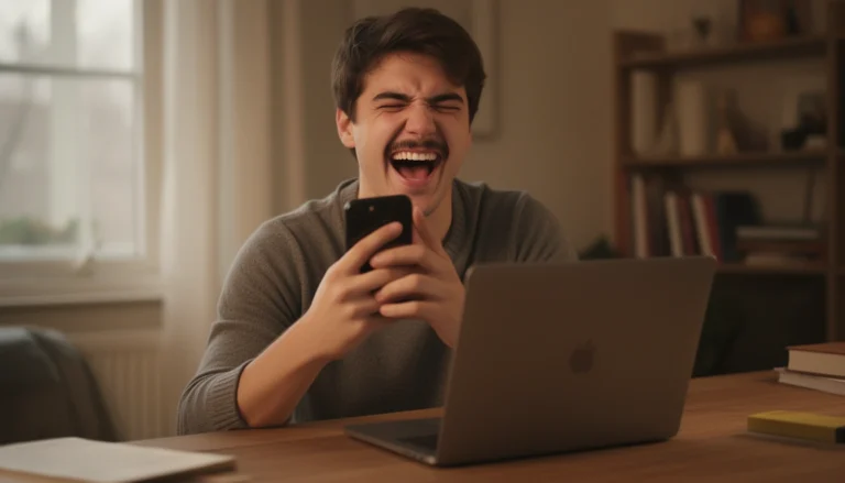 Person laughing at a funny name on a screen — funny names like Mike Oxlong
