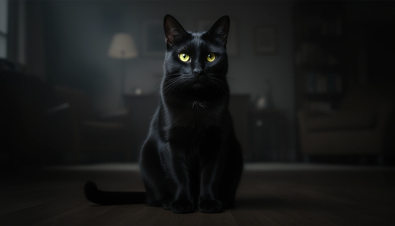 Black cat with piercing yellow eyes and dramatic expression — funny black cat names