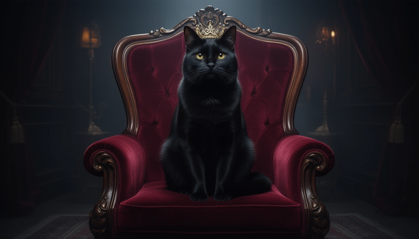 Black cat sitting like a supervillain on a chair — cool funny black cat names male