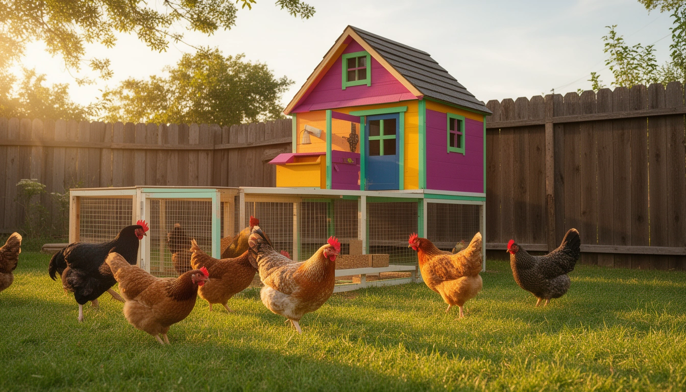 Colorful backyard chickens roaming a sunny yard, perfect for funny chicken names