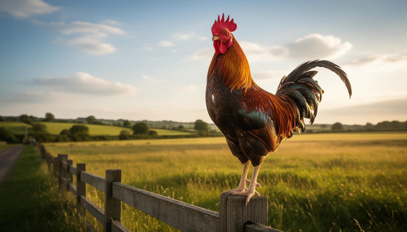 A proud rooster standing tall in a backyard farm, funny chicken names for roosters