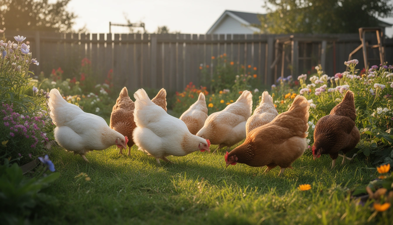 A group of hens pecking around a cozy backyard, great for funny chicken names for hens