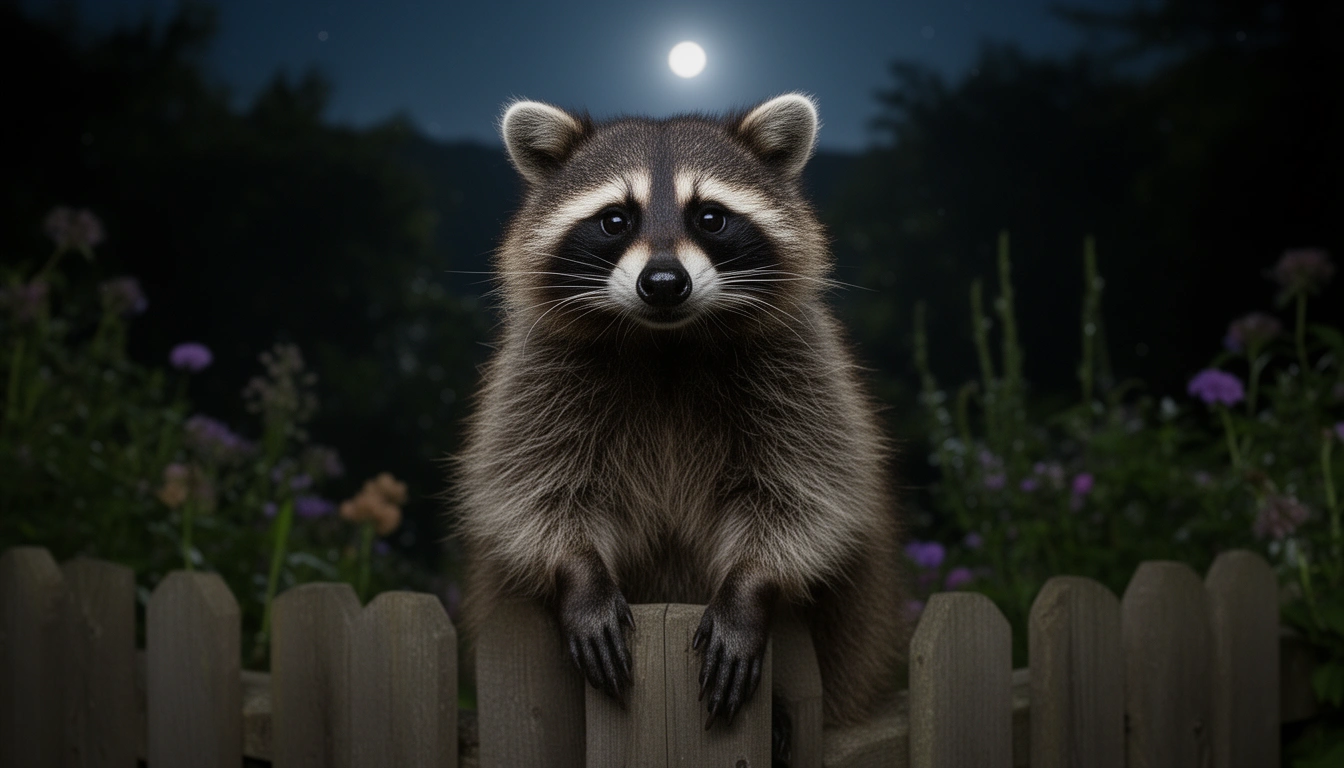 A raccoon wearing a tiny bandit mask sitting on a fence at night, funny raccoon names