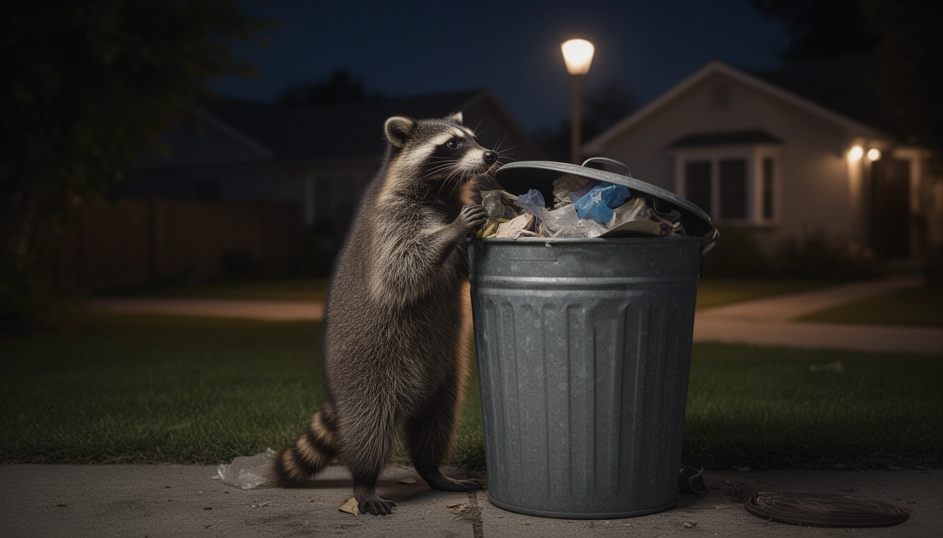 A chubby raccoon raiding a trash can at night, funny raccoon names