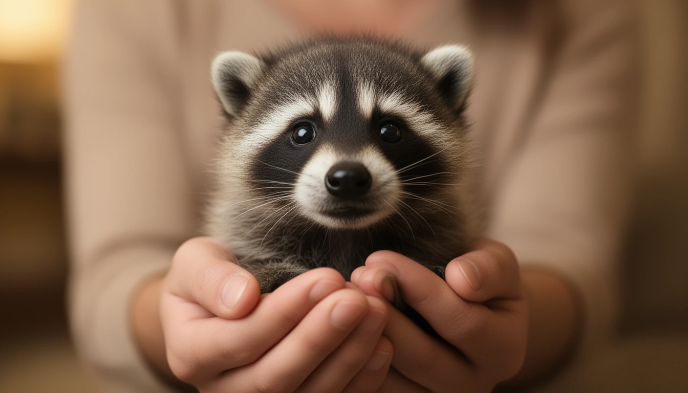 A baby raccoon being held by a person, cute pet raccoon names
