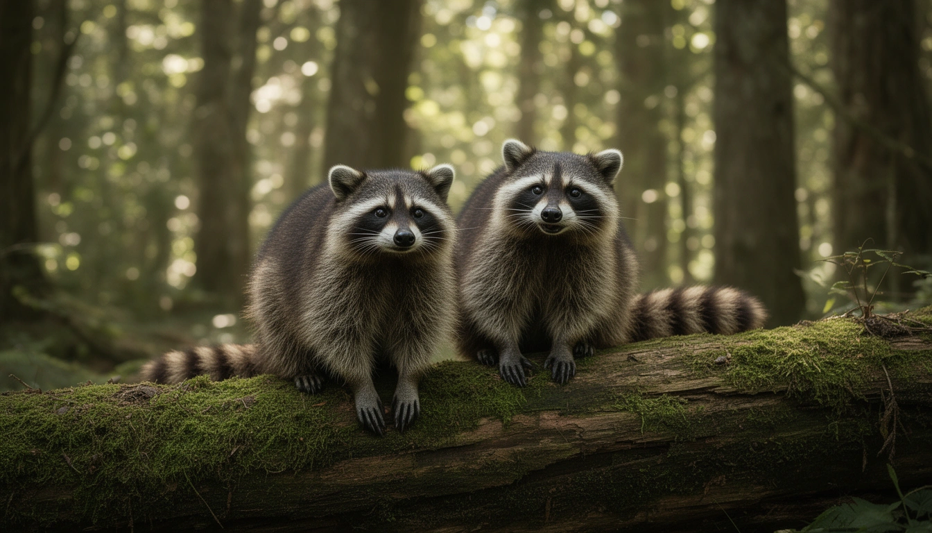 Two raccoons sitting side by side on a log in the forest, raccoon names for boy and girl