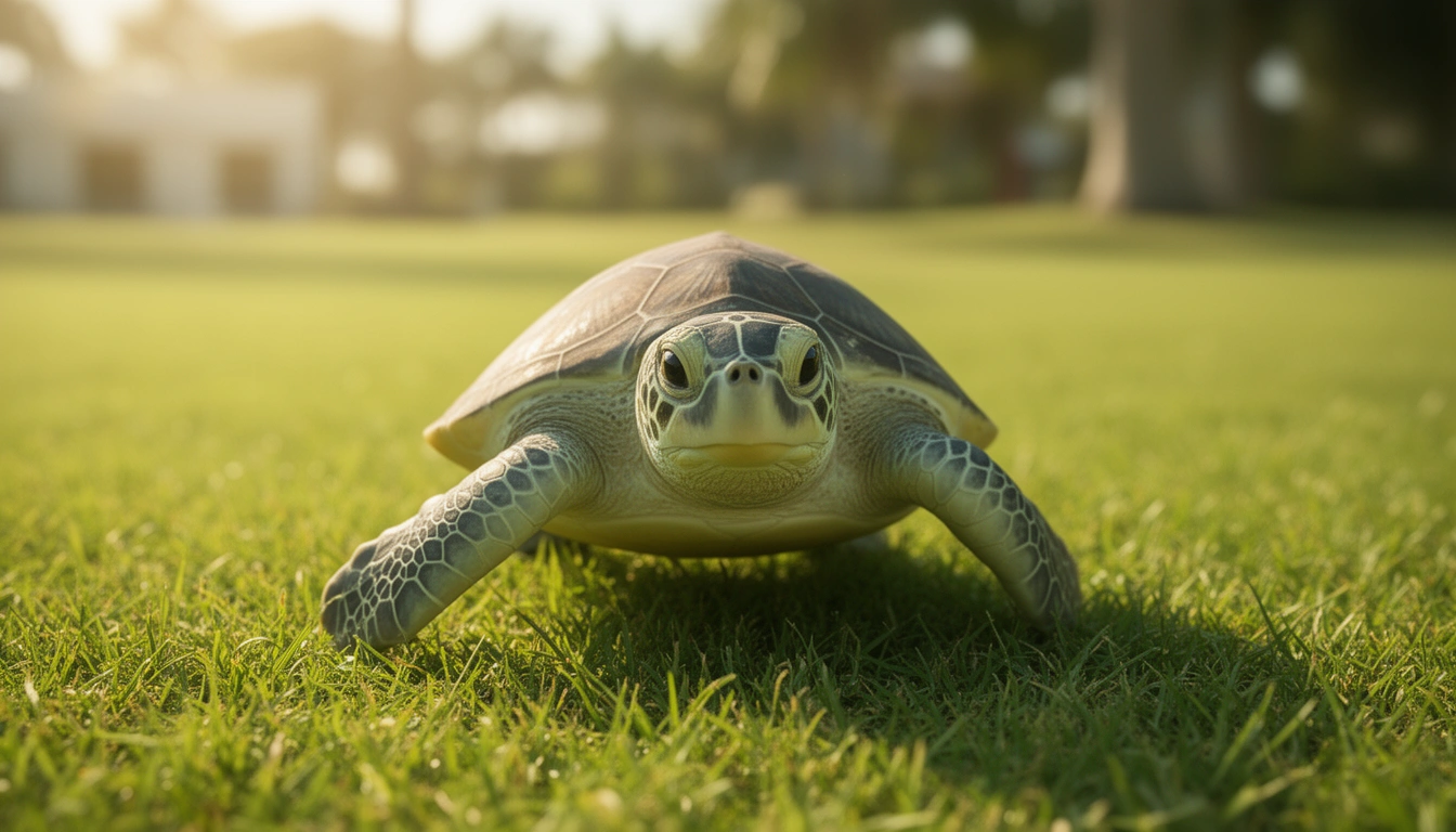 A cute green turtle walking slowly on grass, funny turtle team names