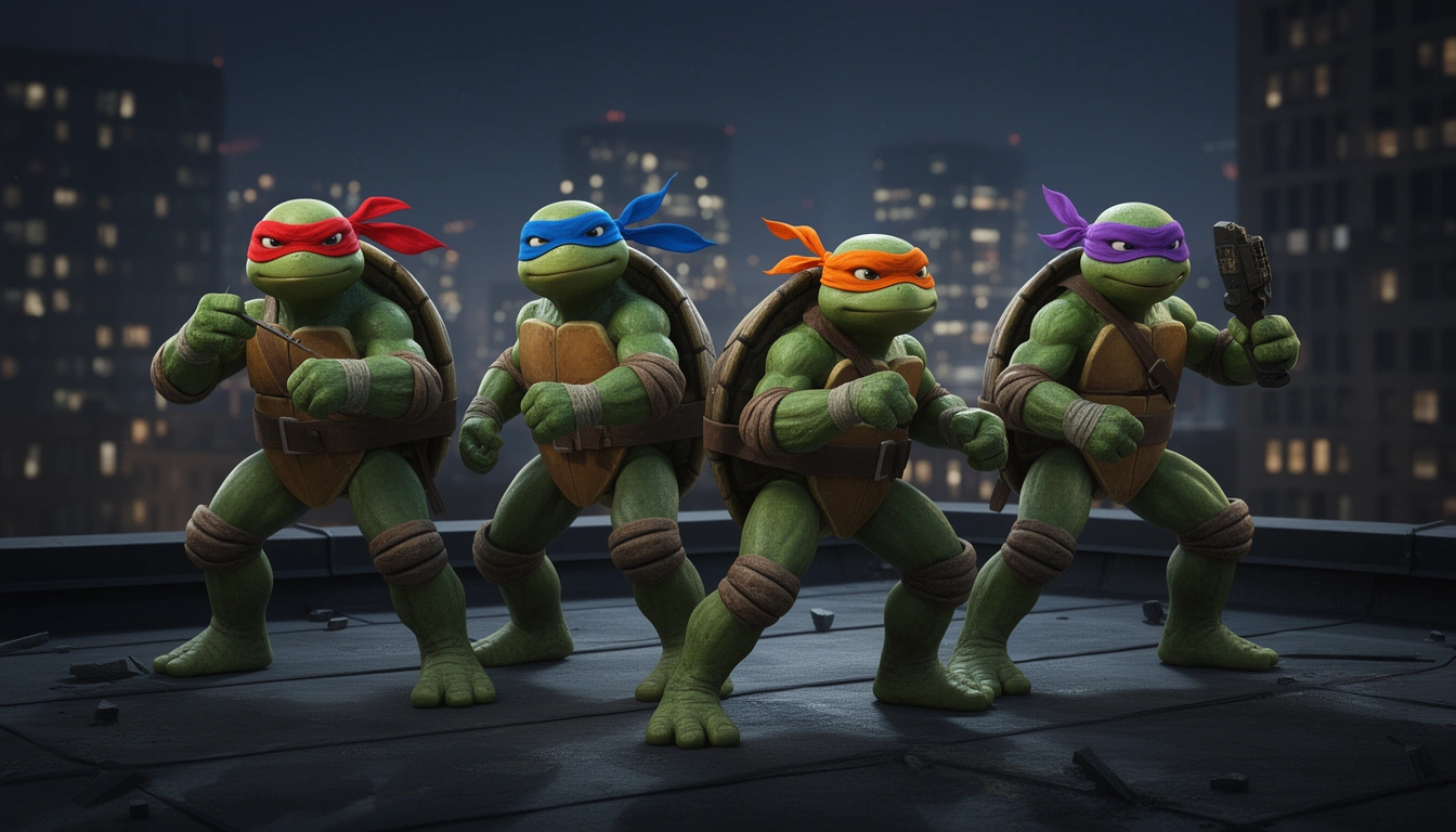 Four cartoon-style ninja turtles in action poses, ninja turtle team names