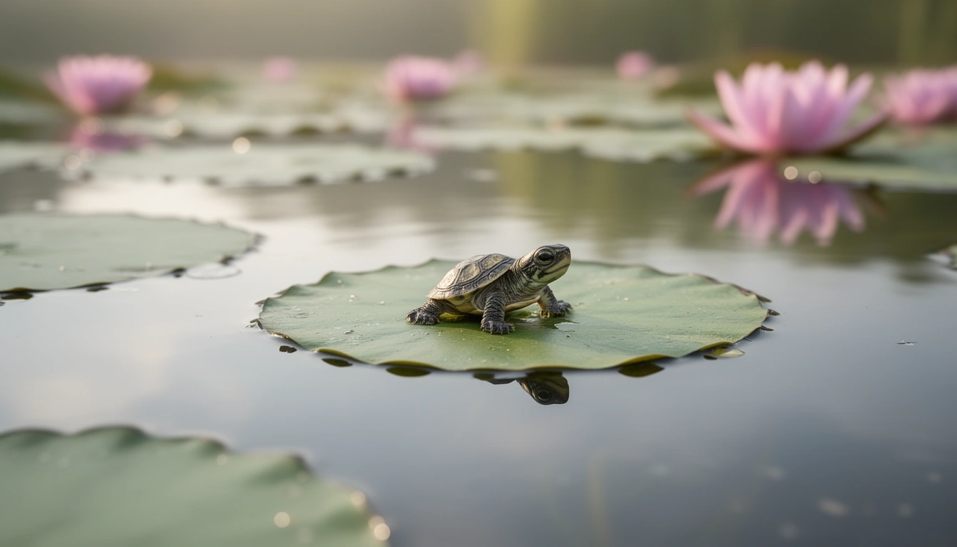 A tiny baby turtle sitting on a lily pad in a pond, cute turtle names