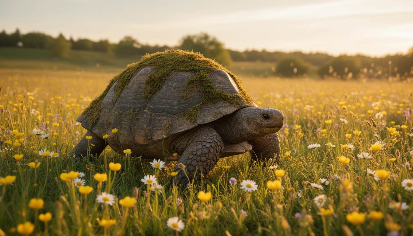 A large tortoise walking through a sunny meadow with wildflowers, nature-themed turtle names