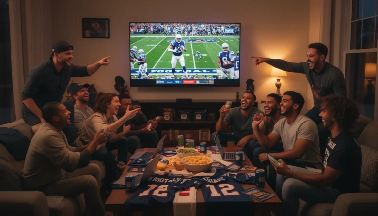 Friends laughing together at a fantasy football draft party with team names on a whiteboard