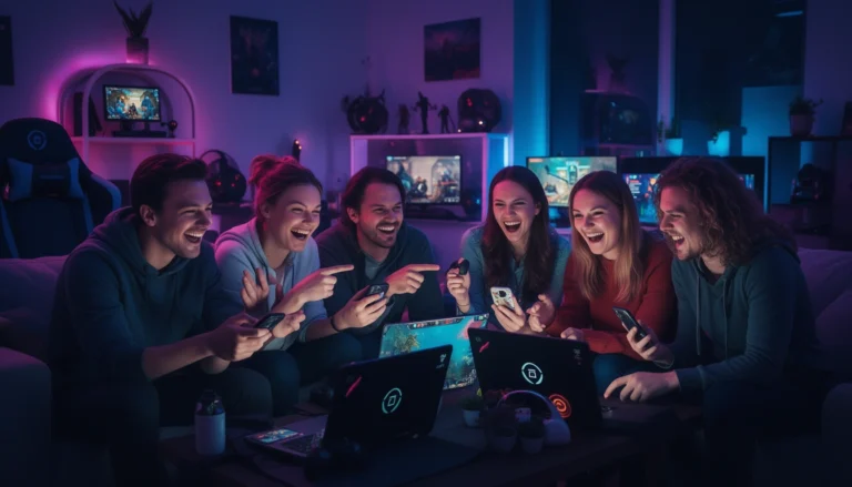 Group of friends laughing and playing funny Among Us names game together